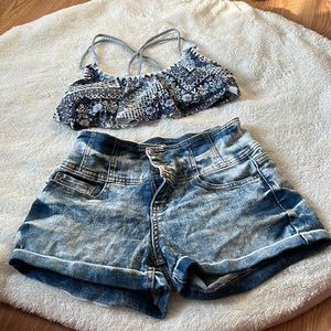 No Boundaries denim shorts  Island Sky strappy bikini